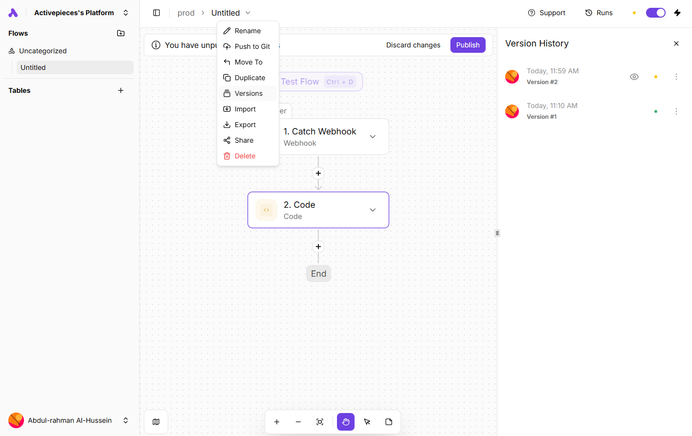 Flow version history panel in Activepieces