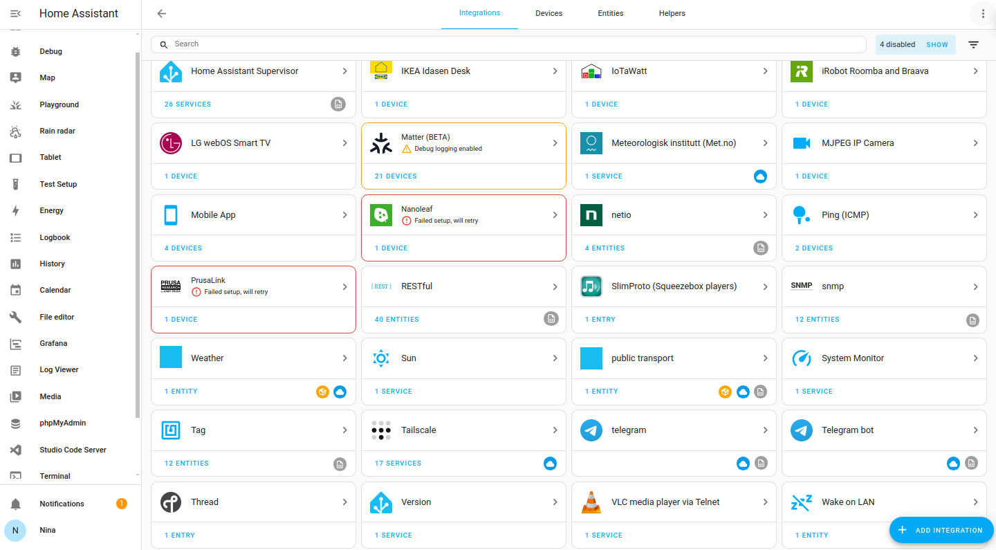Integrations page listing connected devices and services