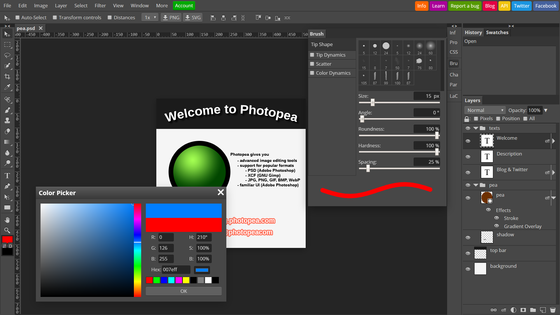 Photopea workspace with a layered design, color picker, and layers panel