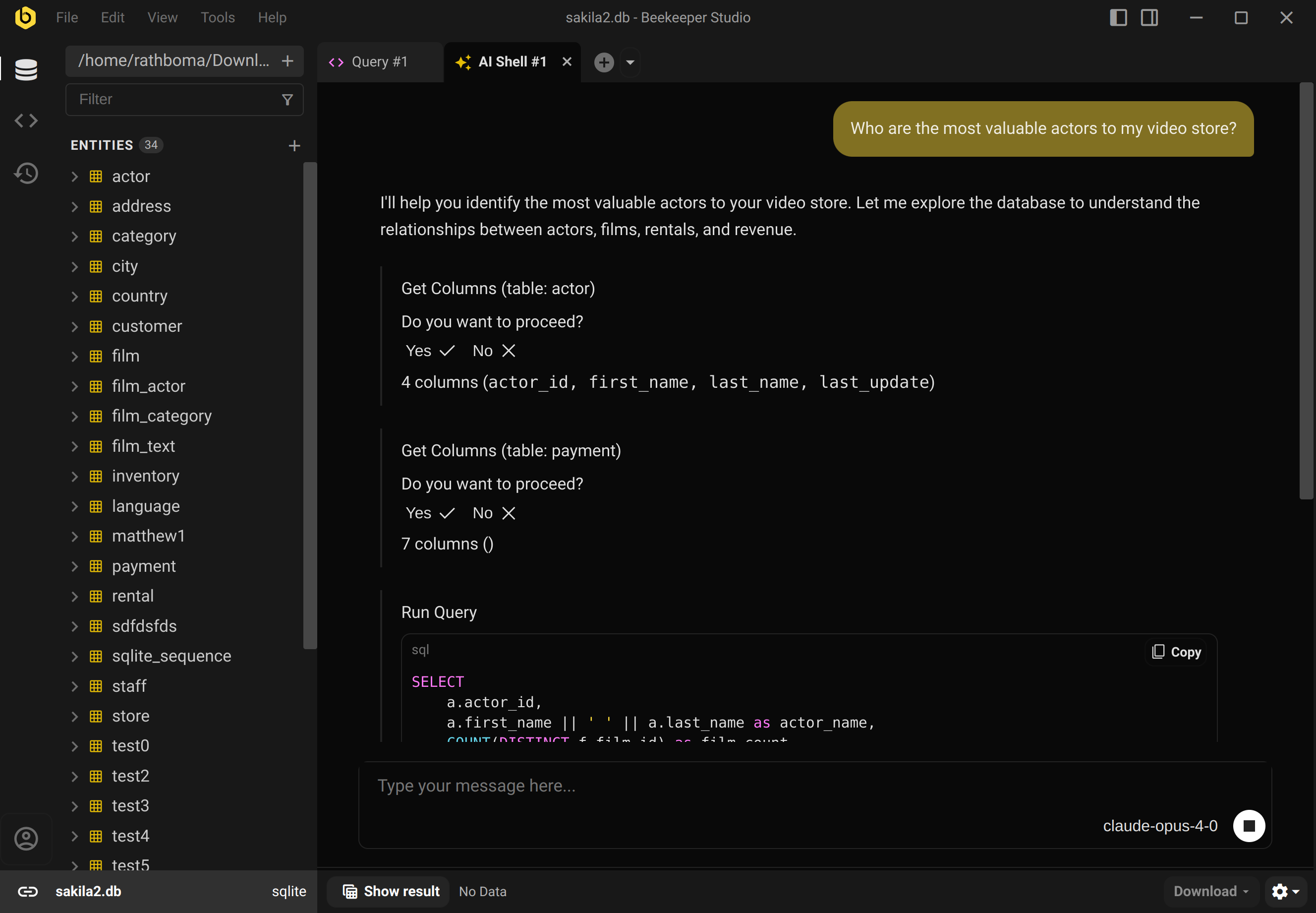 AI Shell answering a question about a SQLite database in Beekeeper Studio