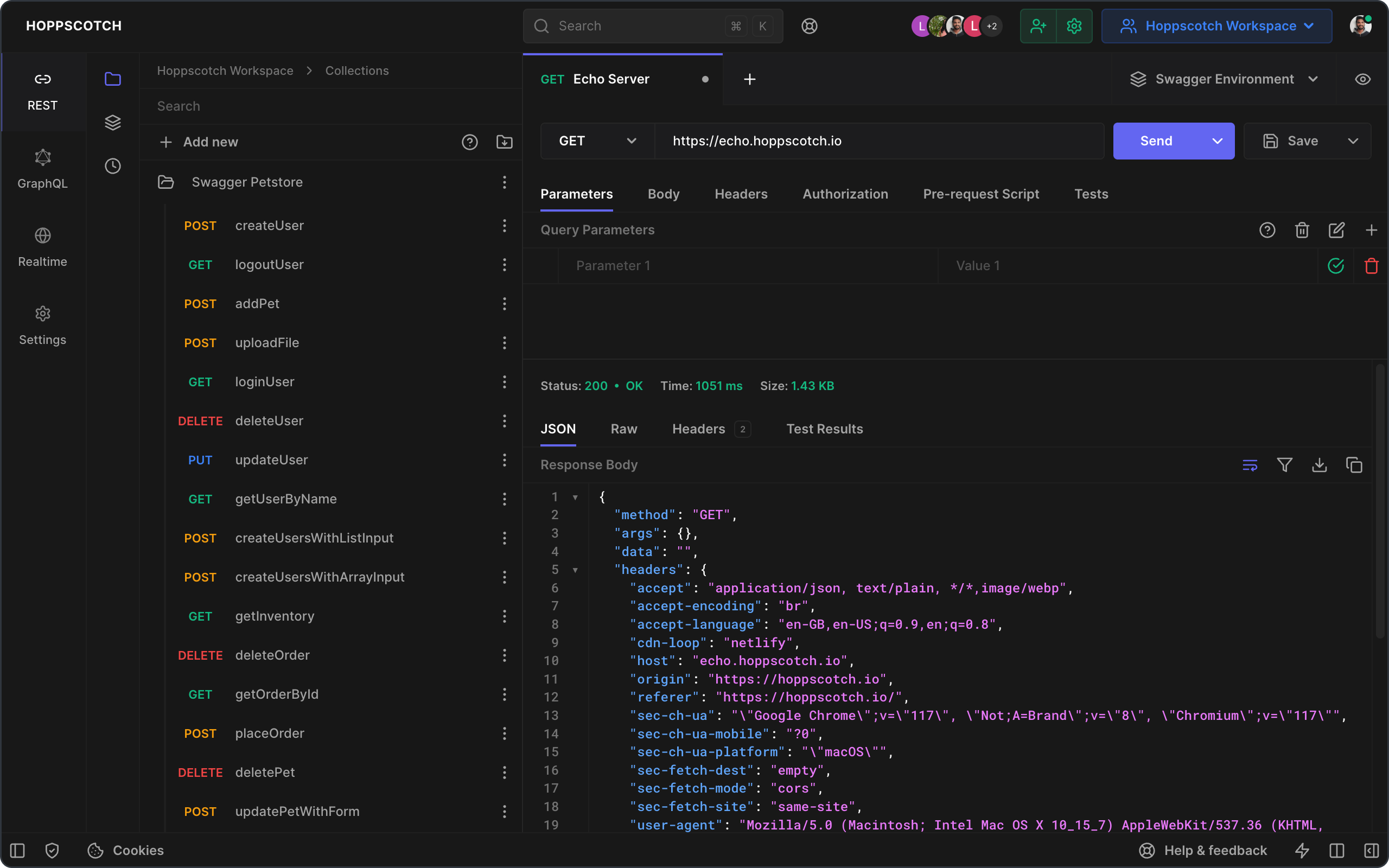 Hoppscotch workspace with a Swagger Petstore collection in dark mode
