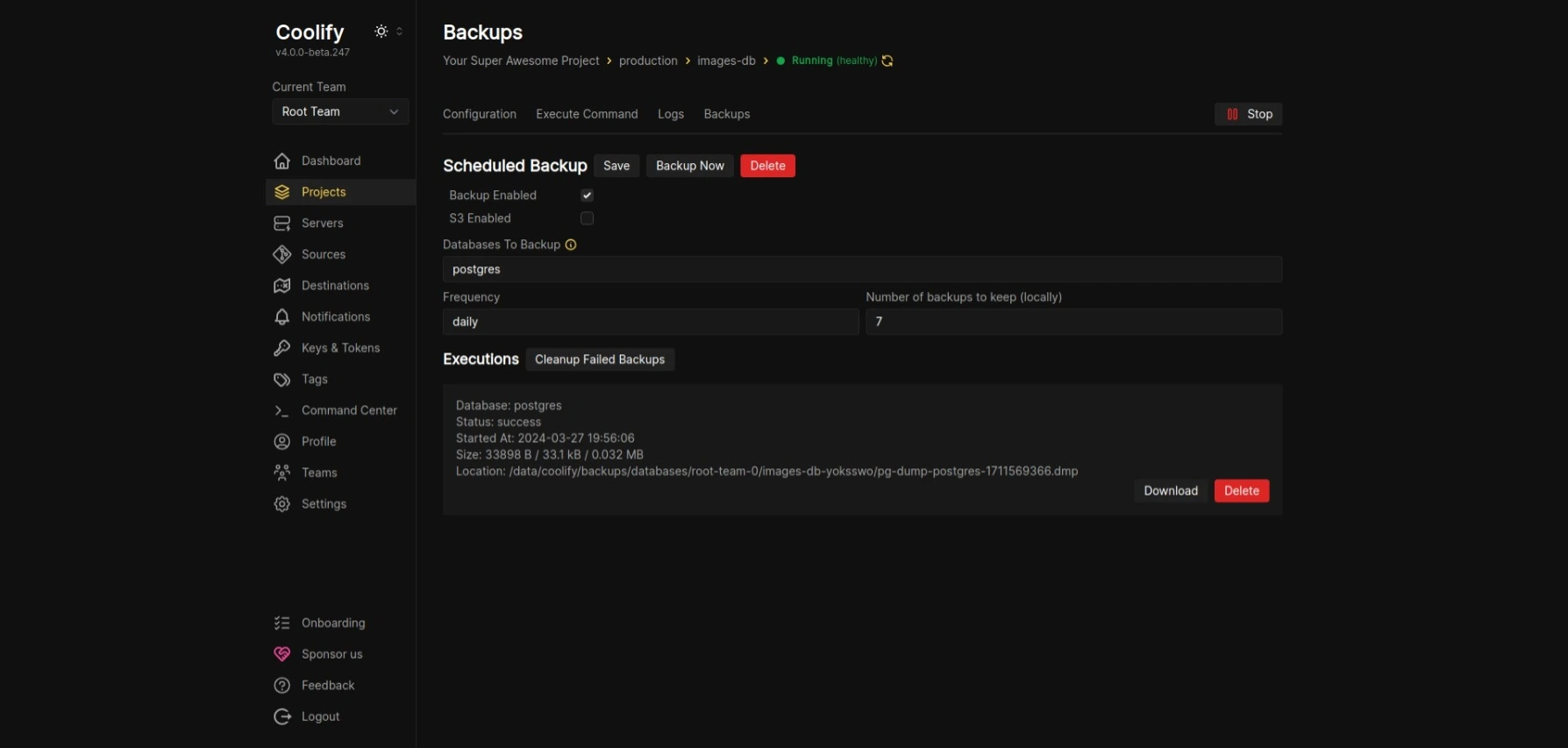 Scheduled database backup settings in Coolify