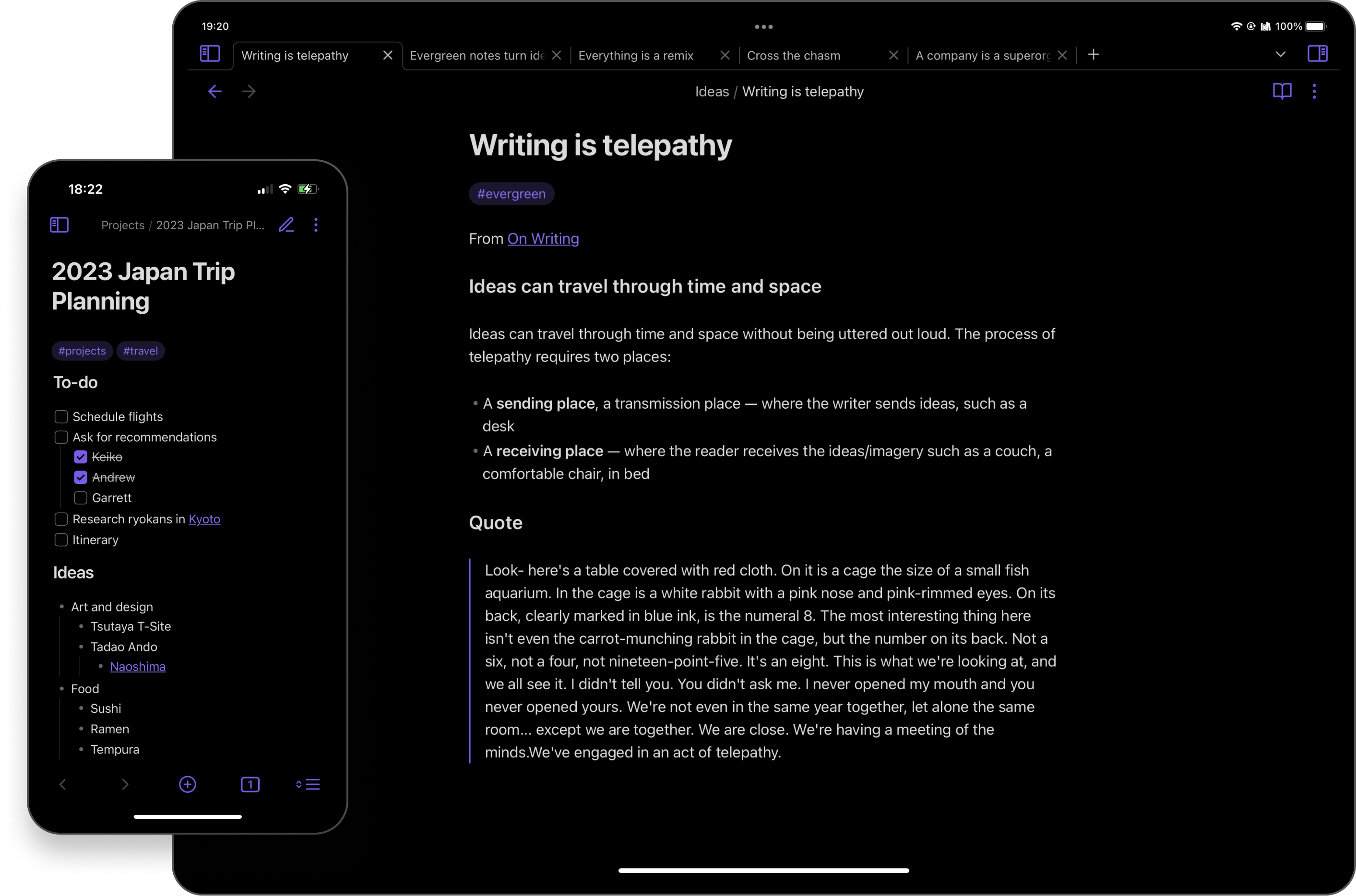 Obsidian on iPad and iPhone with a linked note and a trip planning checklist