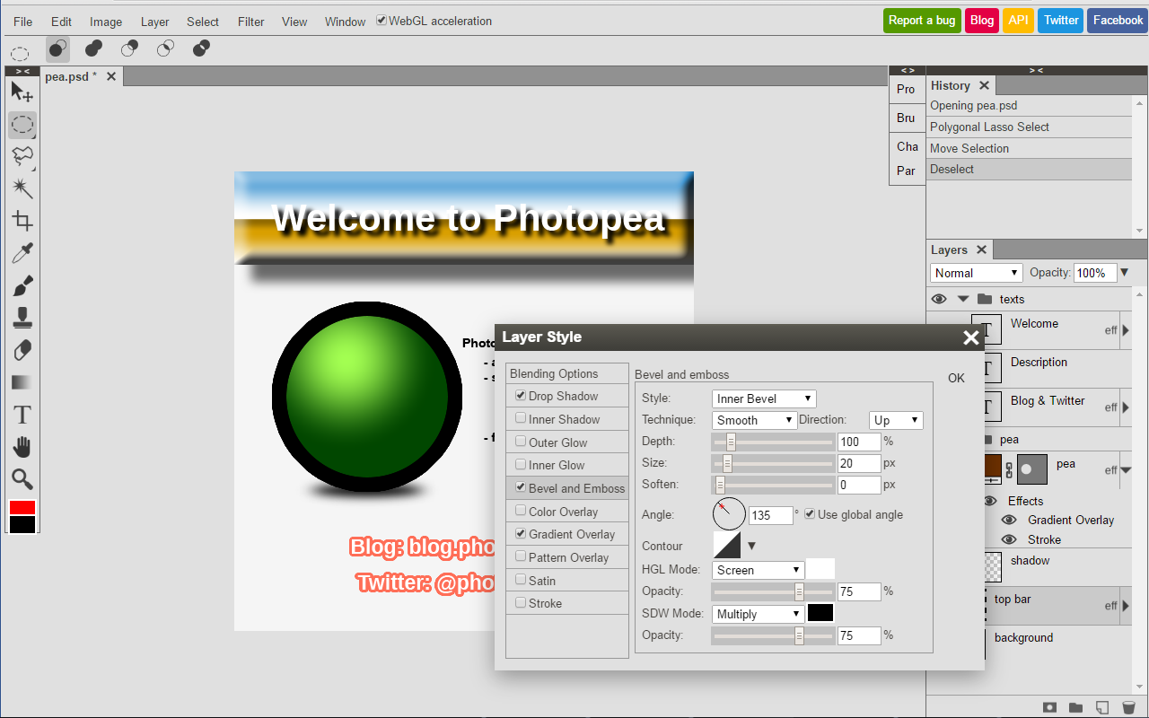 Photopea editor with the Layer Style dialog, layers panel, and toolbar
