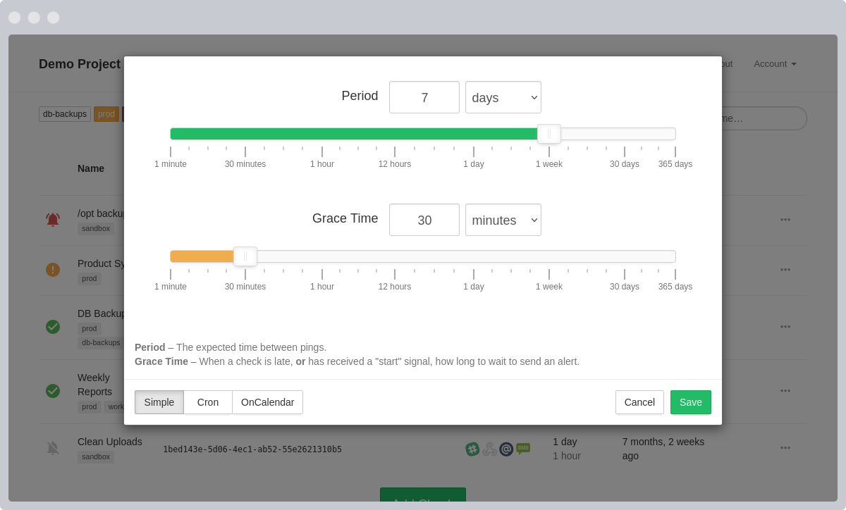 Dialog for setting the period and grace time of a check