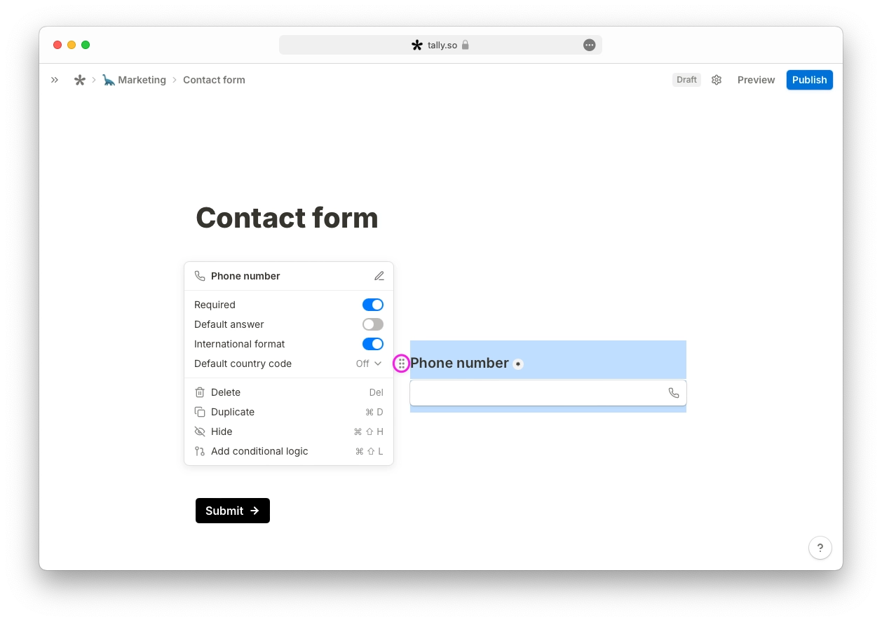 Tally editor with the settings menu of a phone number block in a contact form