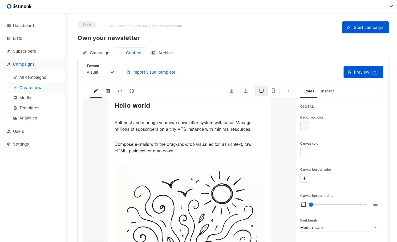 listmonk campaign editor with the visual email builder