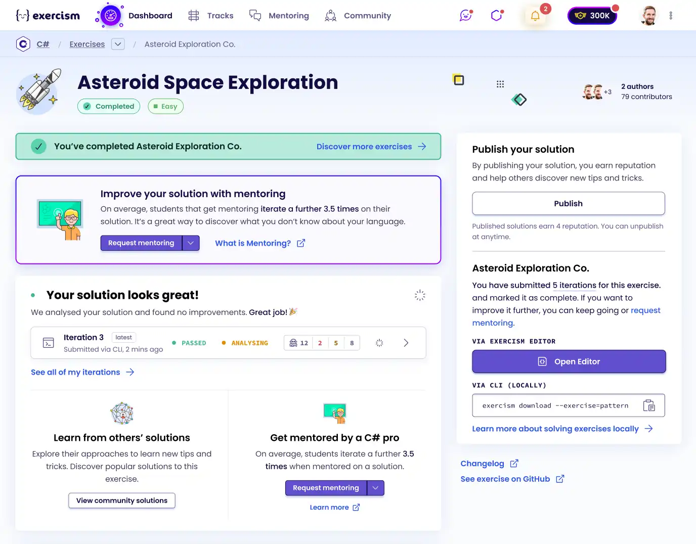 Completed Exercism exercise page with automated feedback and mentoring options