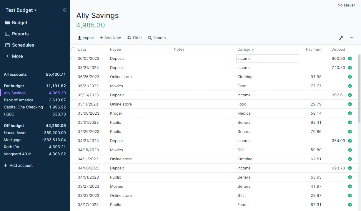 Actual Budget transaction register for an account