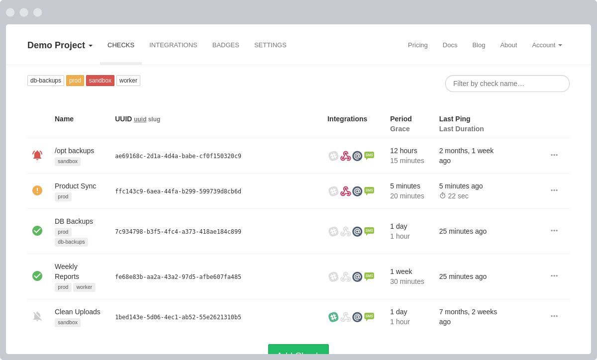Healthchecks.io dashboard listing checks with status and integrations