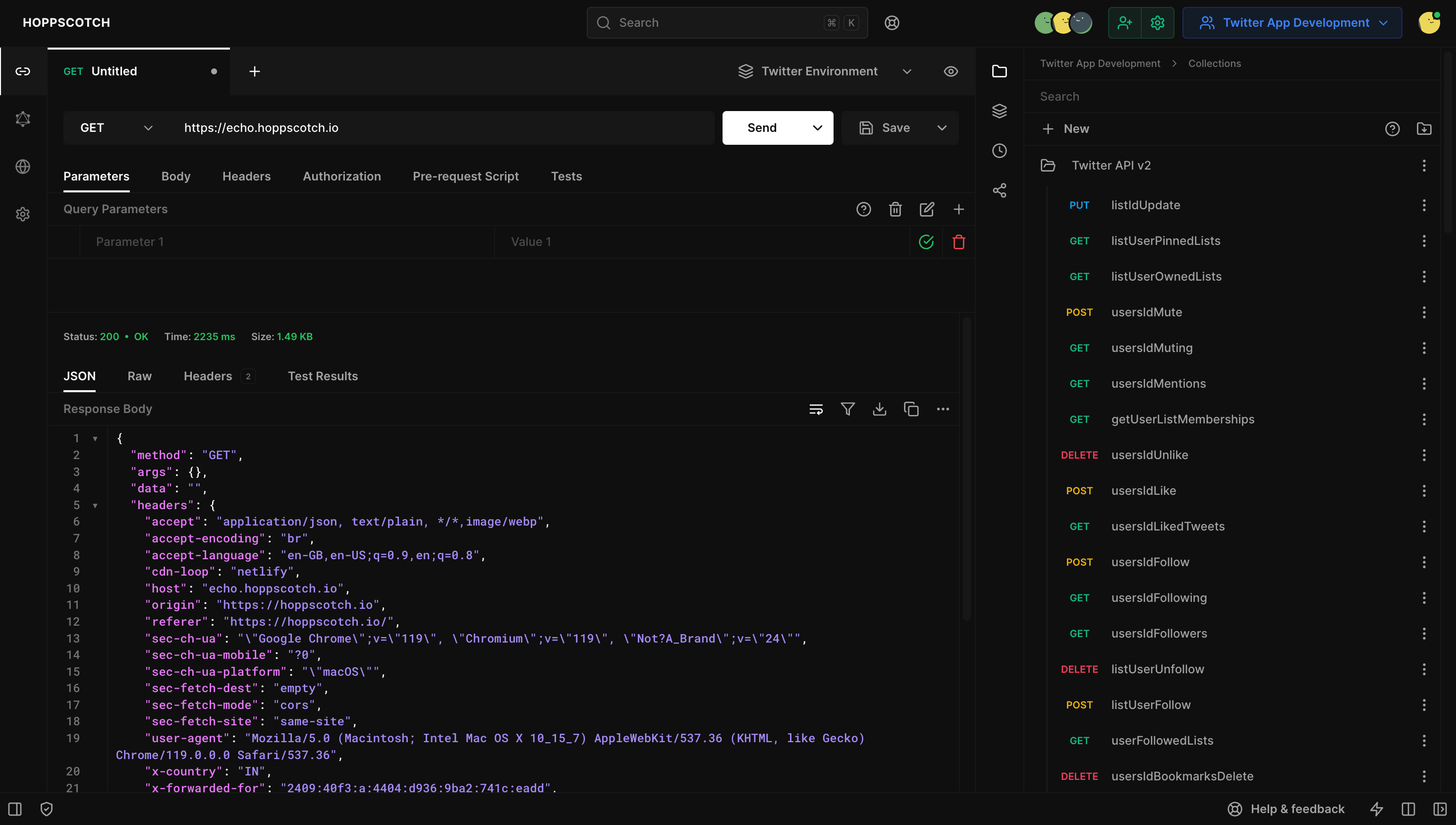 Hoppscotch REST client with a JSON response and a collection of requests