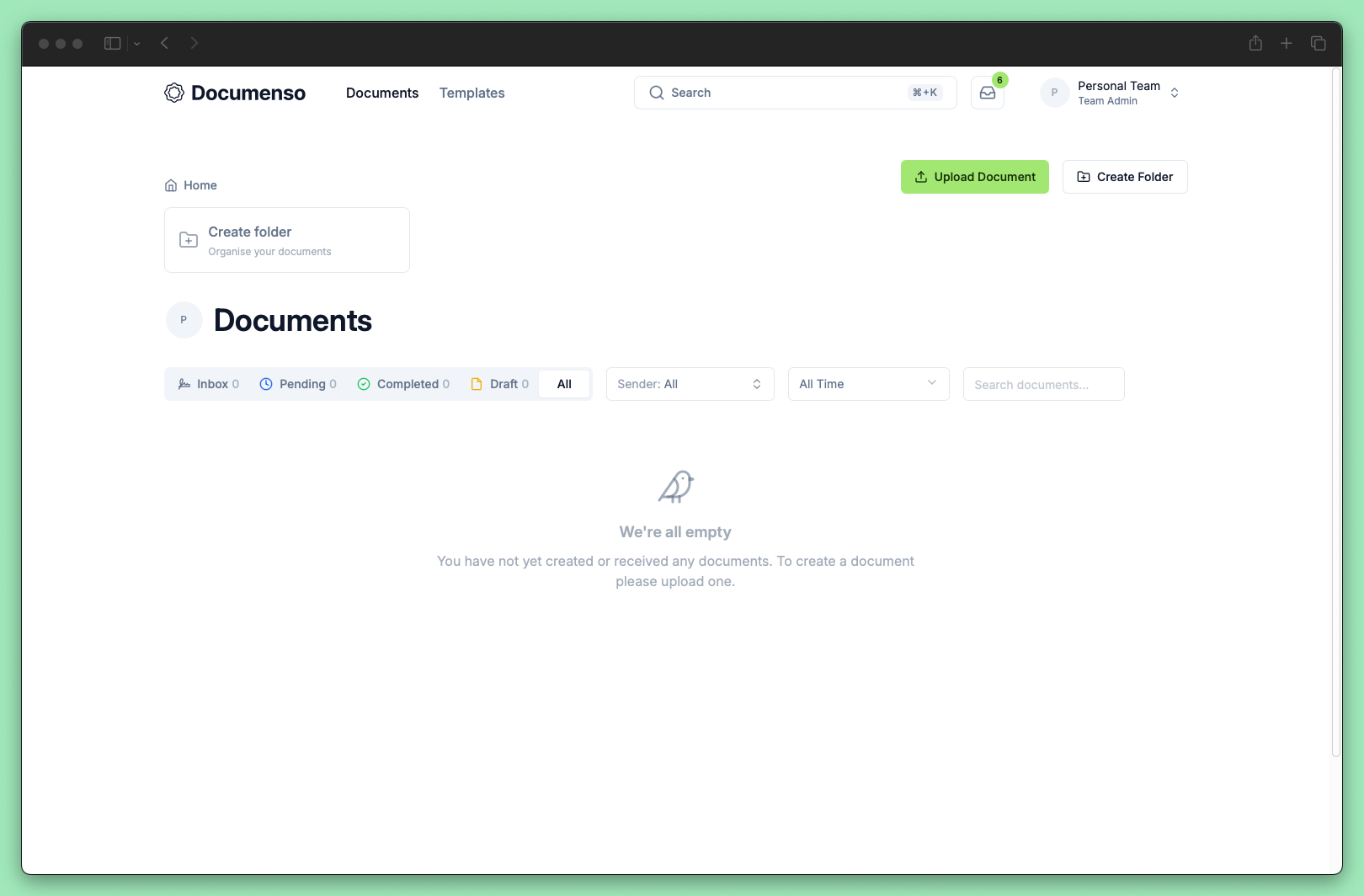 Documenso documents dashboard with inbox, pending, completed, and draft filters