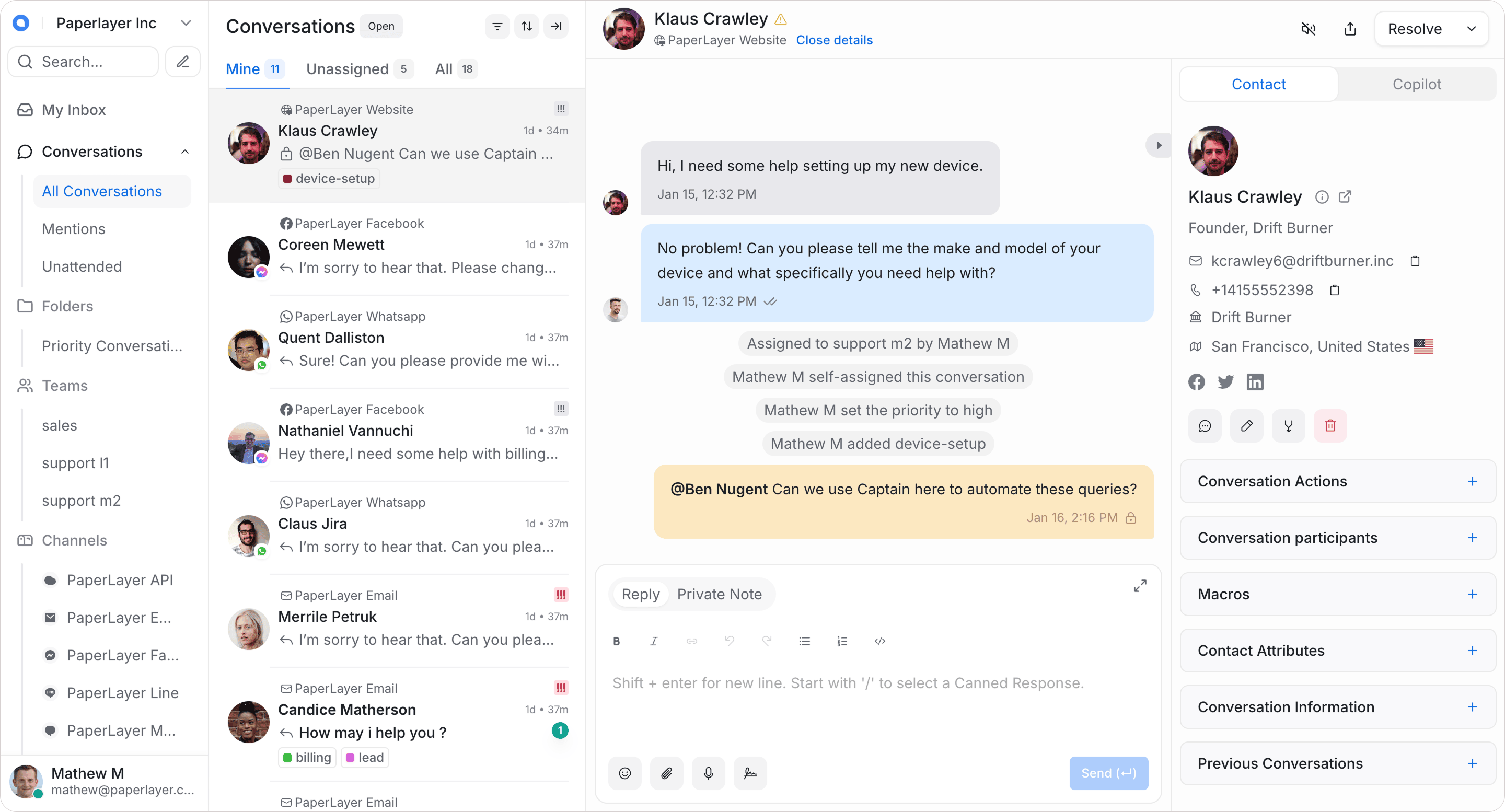Chatwoot conversation view with channel list, message thread, and conversation actions