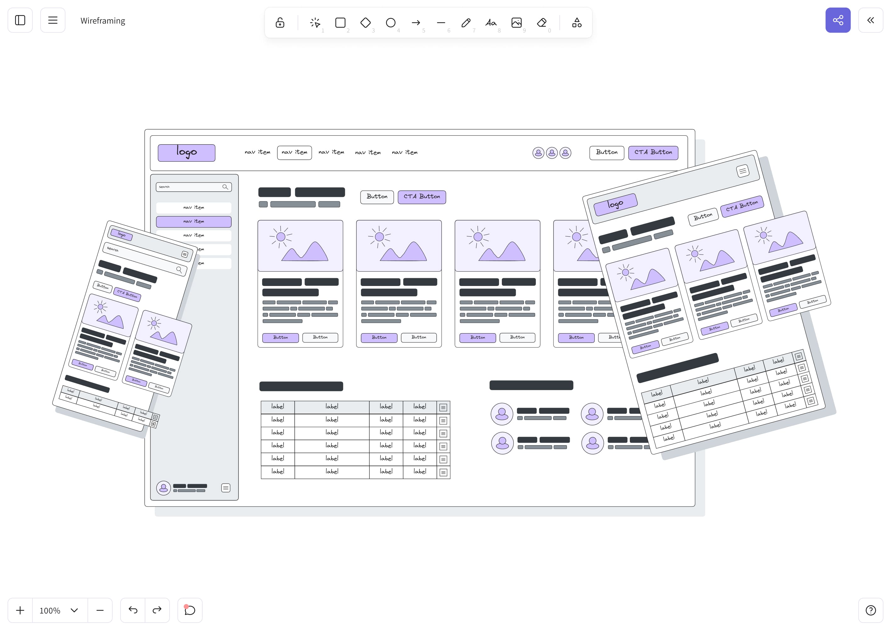 Website wireframes drawn on the Excalidraw canvas