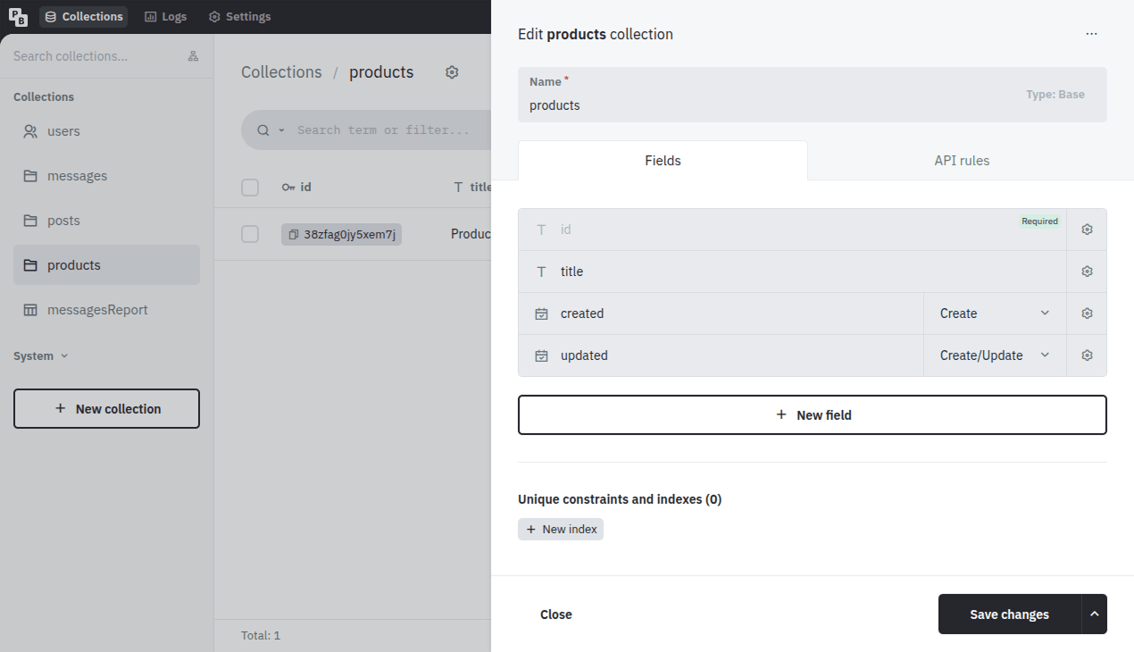 PocketBase dashboard editing the fields of a products collection