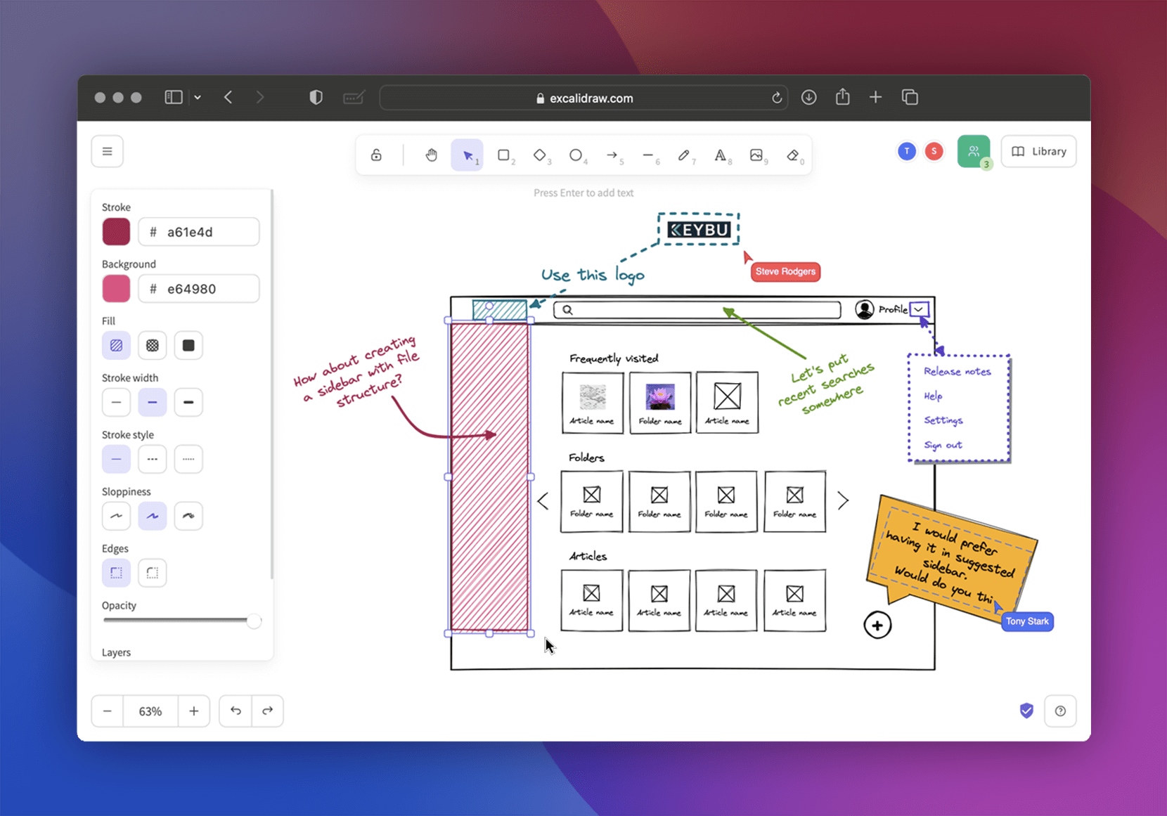 Excalidraw editor with a hand-drawn wireframe and live collaborators