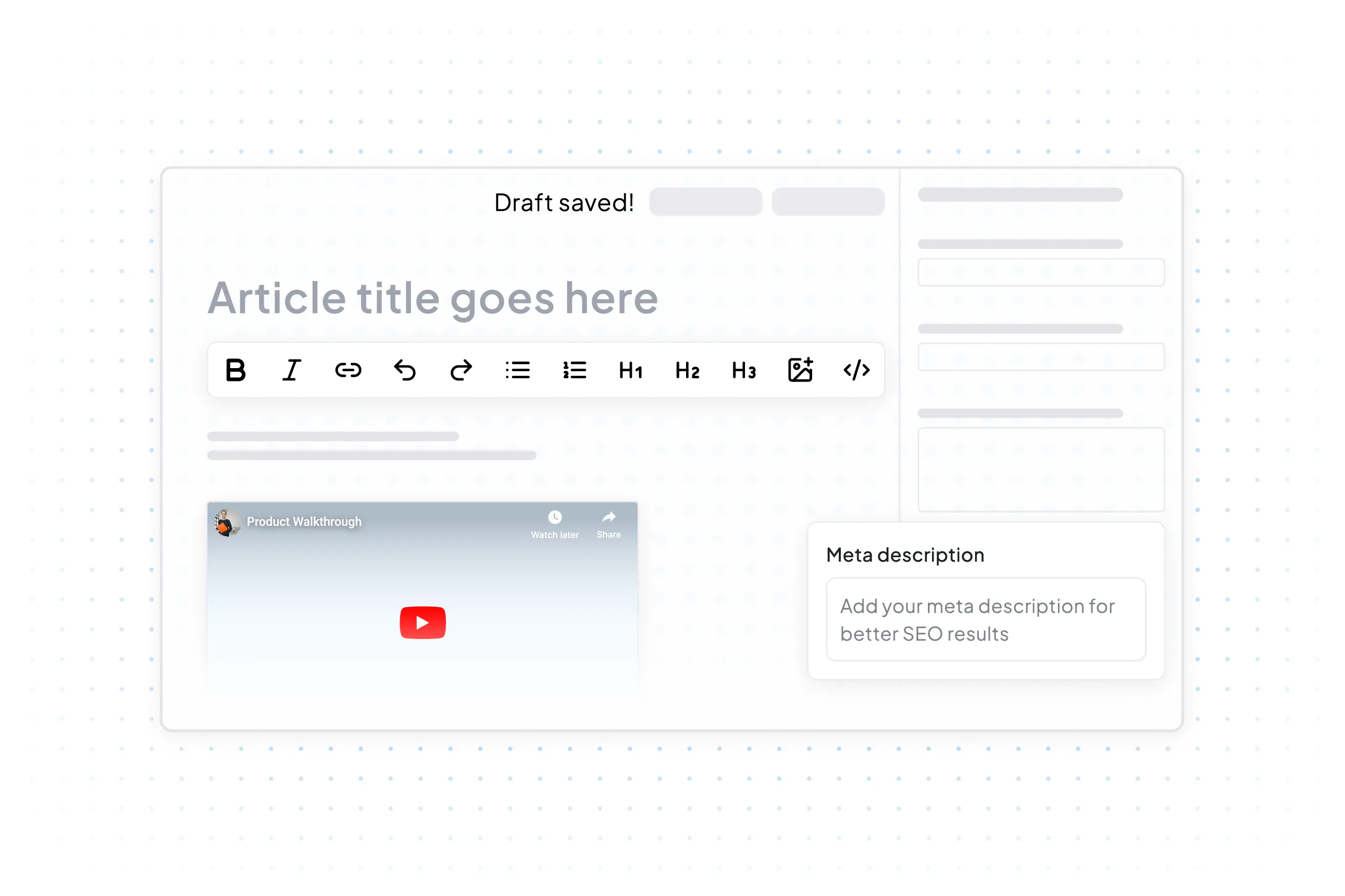 Help center article editor with formatting toolbar and meta description field