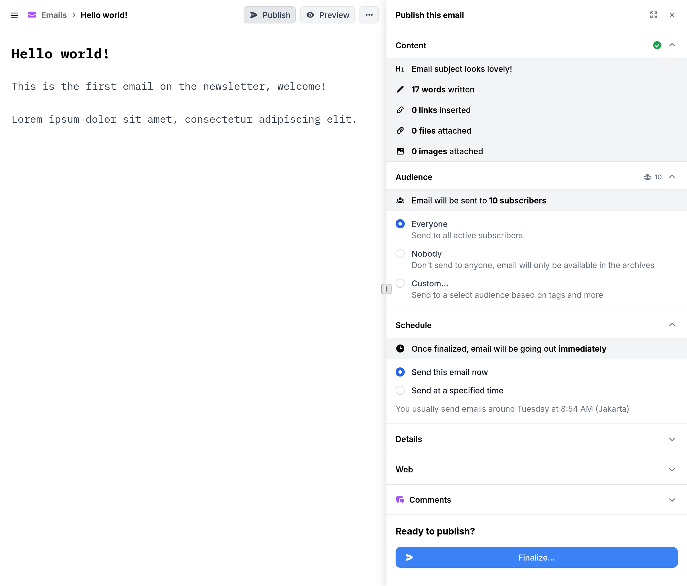 Buttondown email editor with the publish drawer for audience and schedule