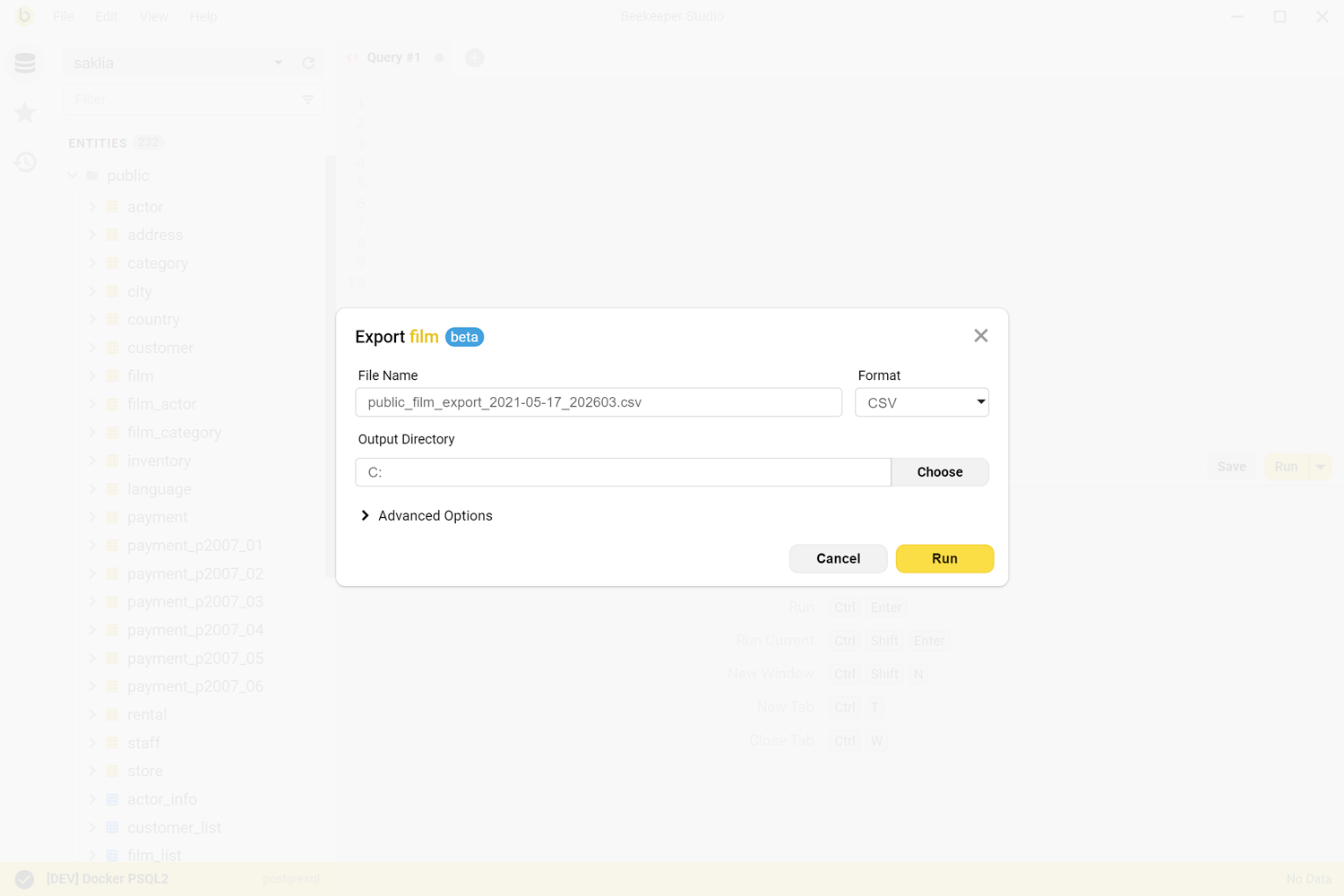 Exporting table data to CSV in Beekeeper Studio