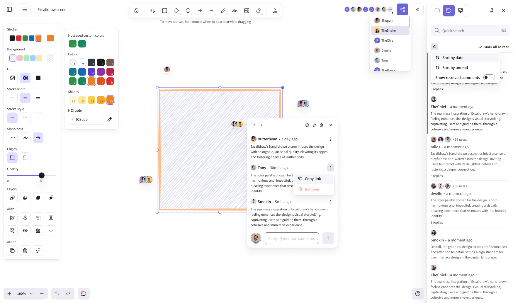 Excalidraw+ scene with styling panel and comment threads