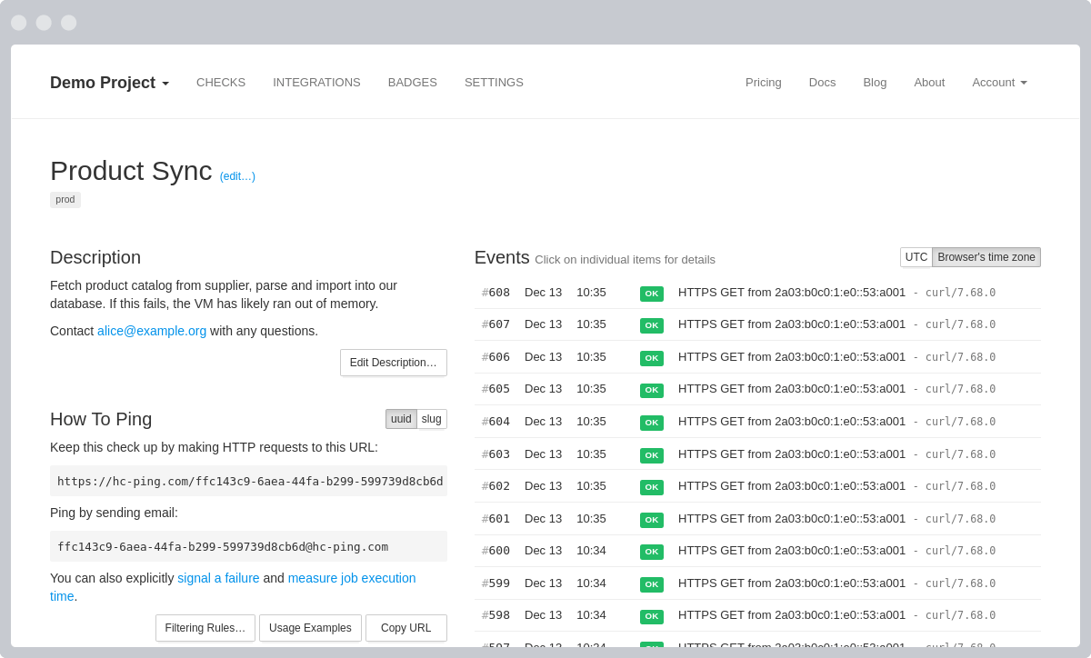Check details page with ping log and notification events