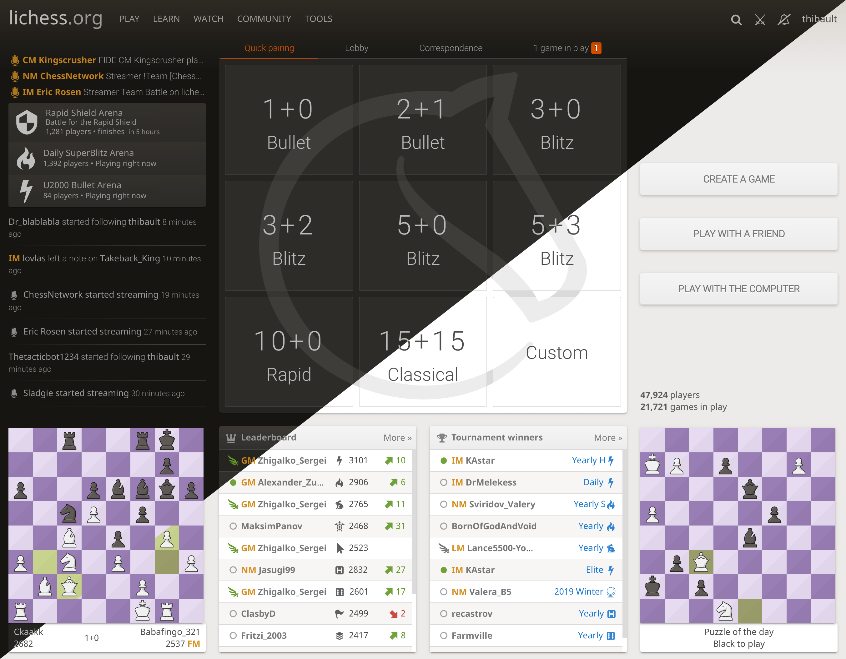 Lichess home page with quick pairing, lobby, and leaderboard in light and dark themes