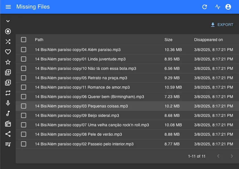 Navidrome web interface listing missing files in the library