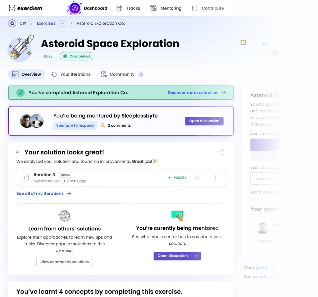 Exercise overview page showing iterations, analysis results, and an open mentoring discussion
