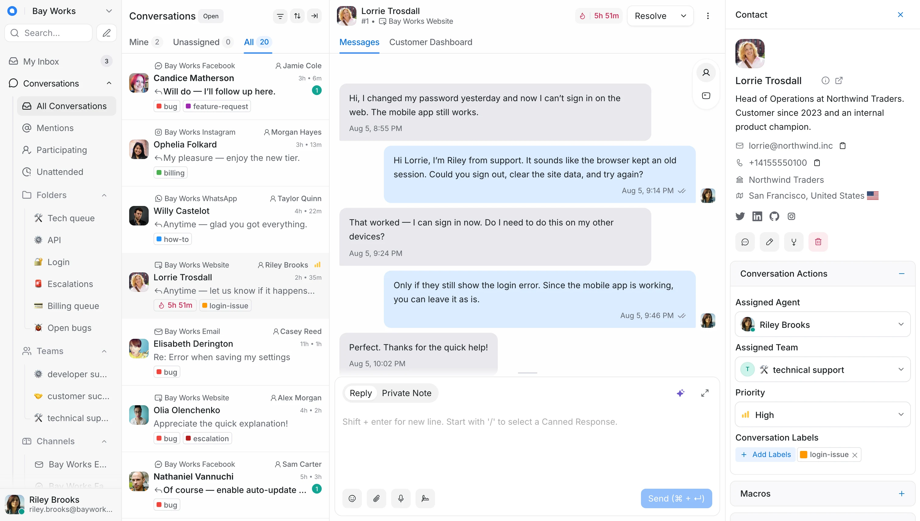 Chatwoot inbox with conversations from several channels, a chat thread, and contact details