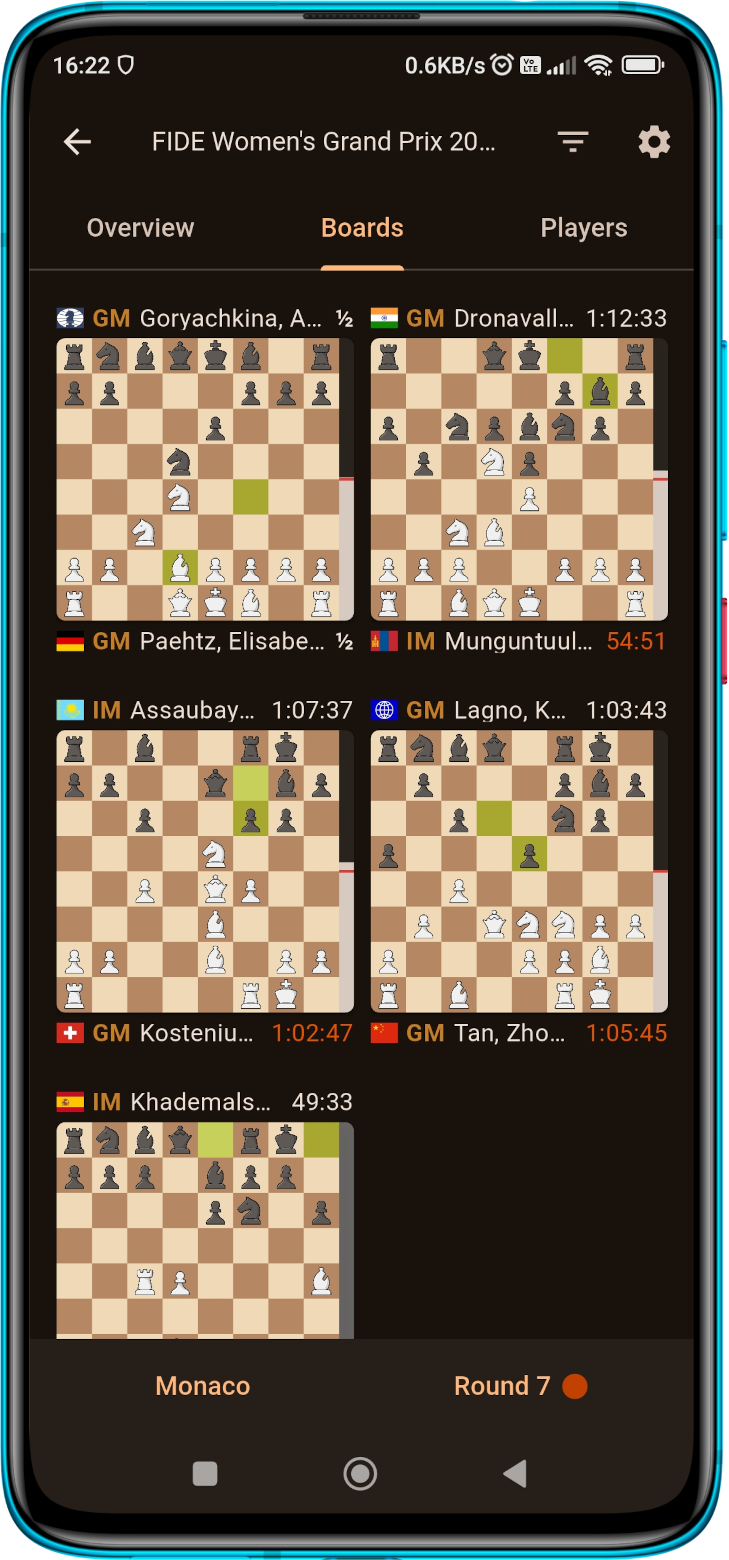 Lichess mobile app showing live broadcast boards