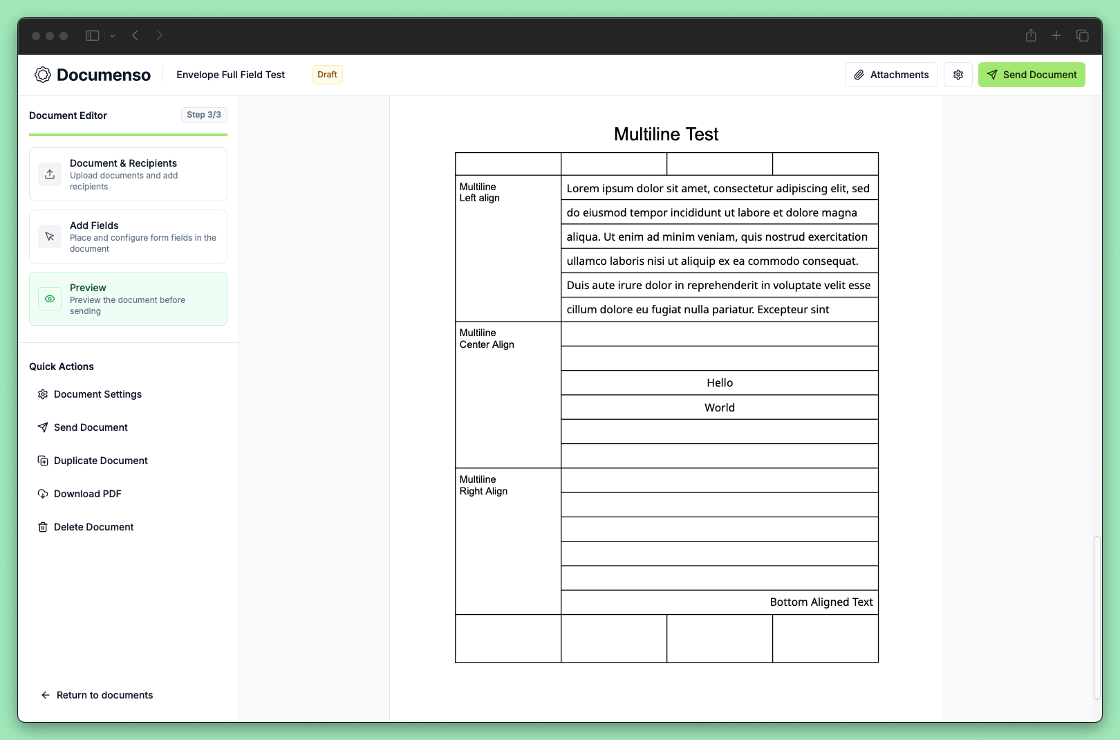 Documenso document editor showing the preview step before sending