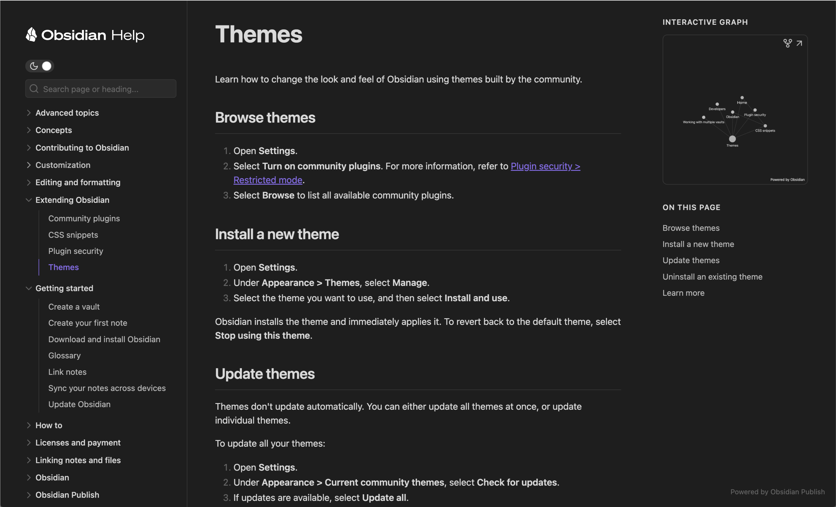 Obsidian Publish site with navigation, a themes page, and an interactive graph