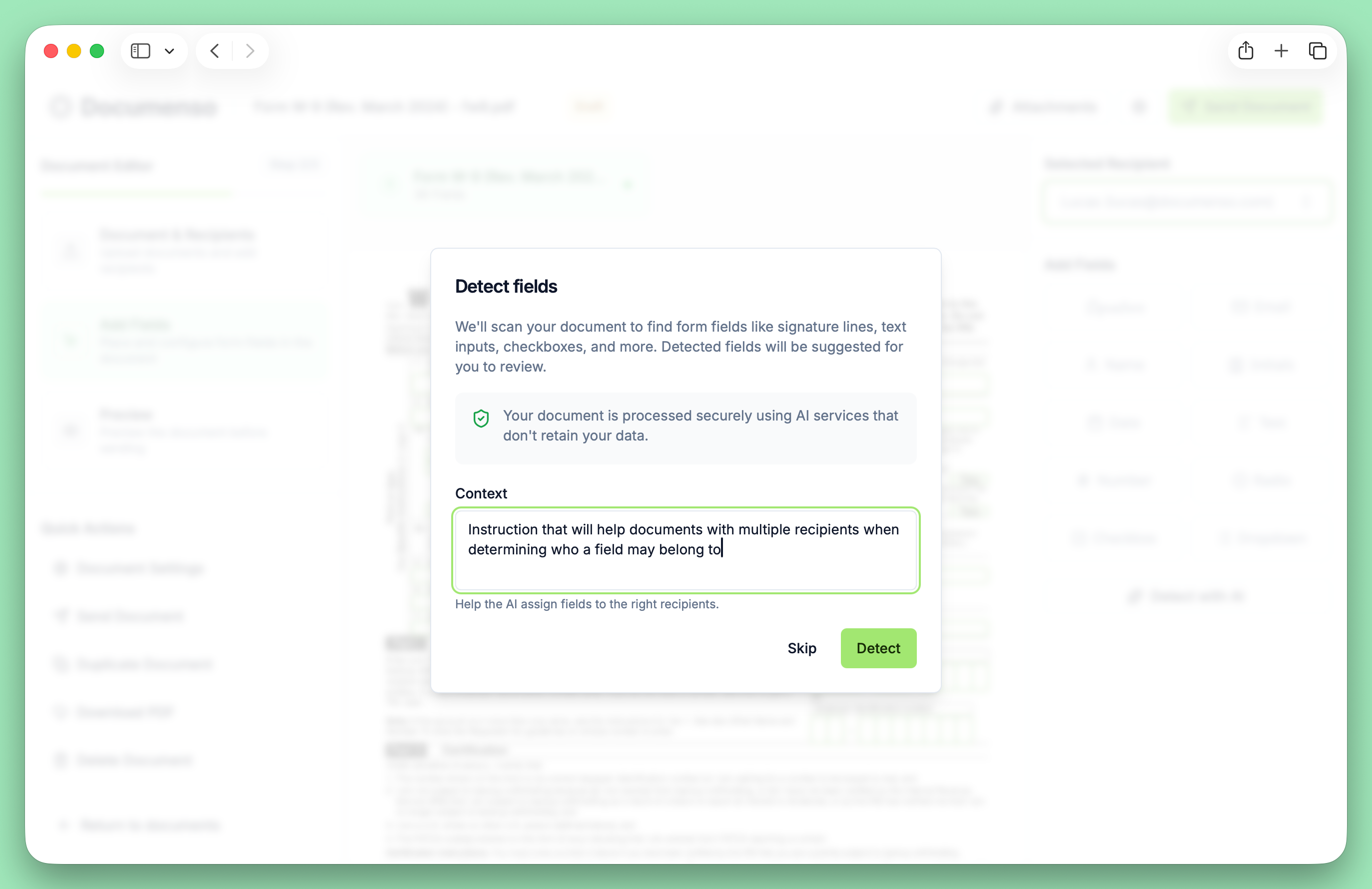 Documenso dialog for detecting signature fields in a document