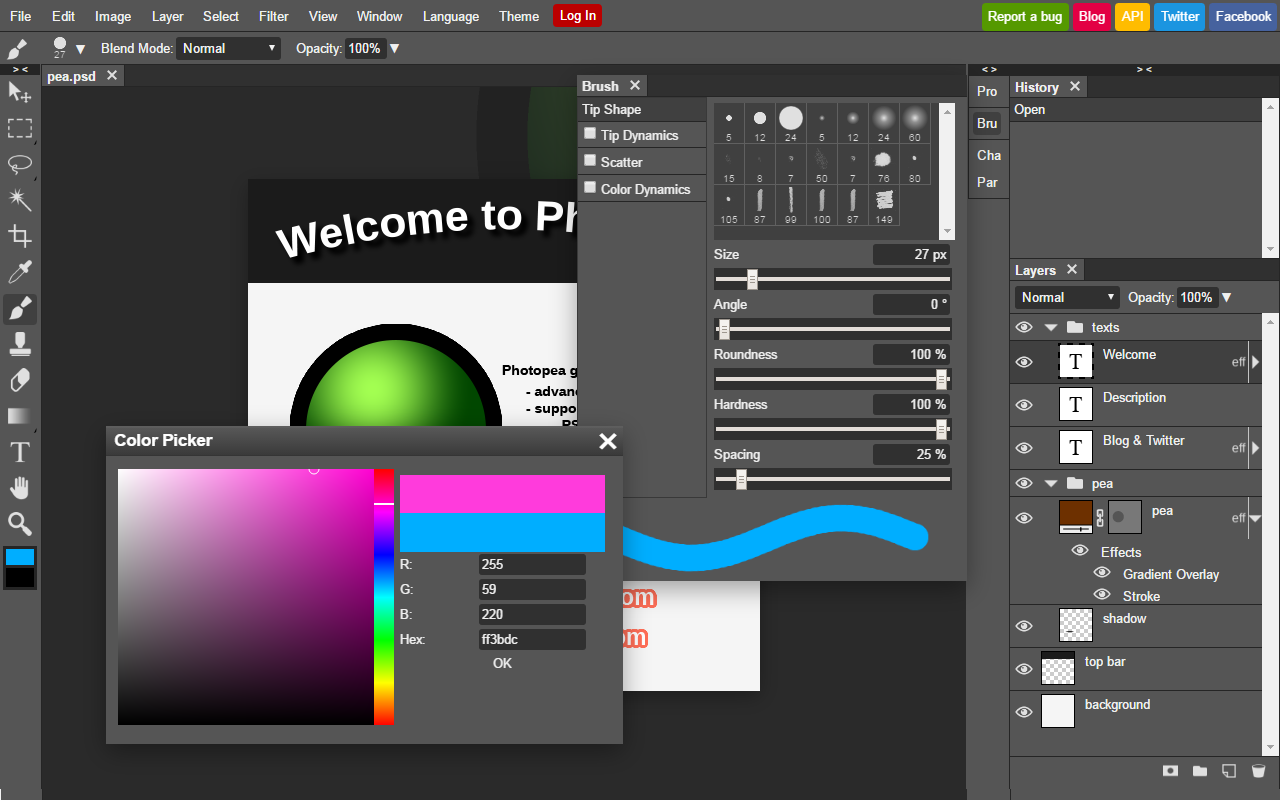 Photopea in a dark theme with the color picker and brush settings open