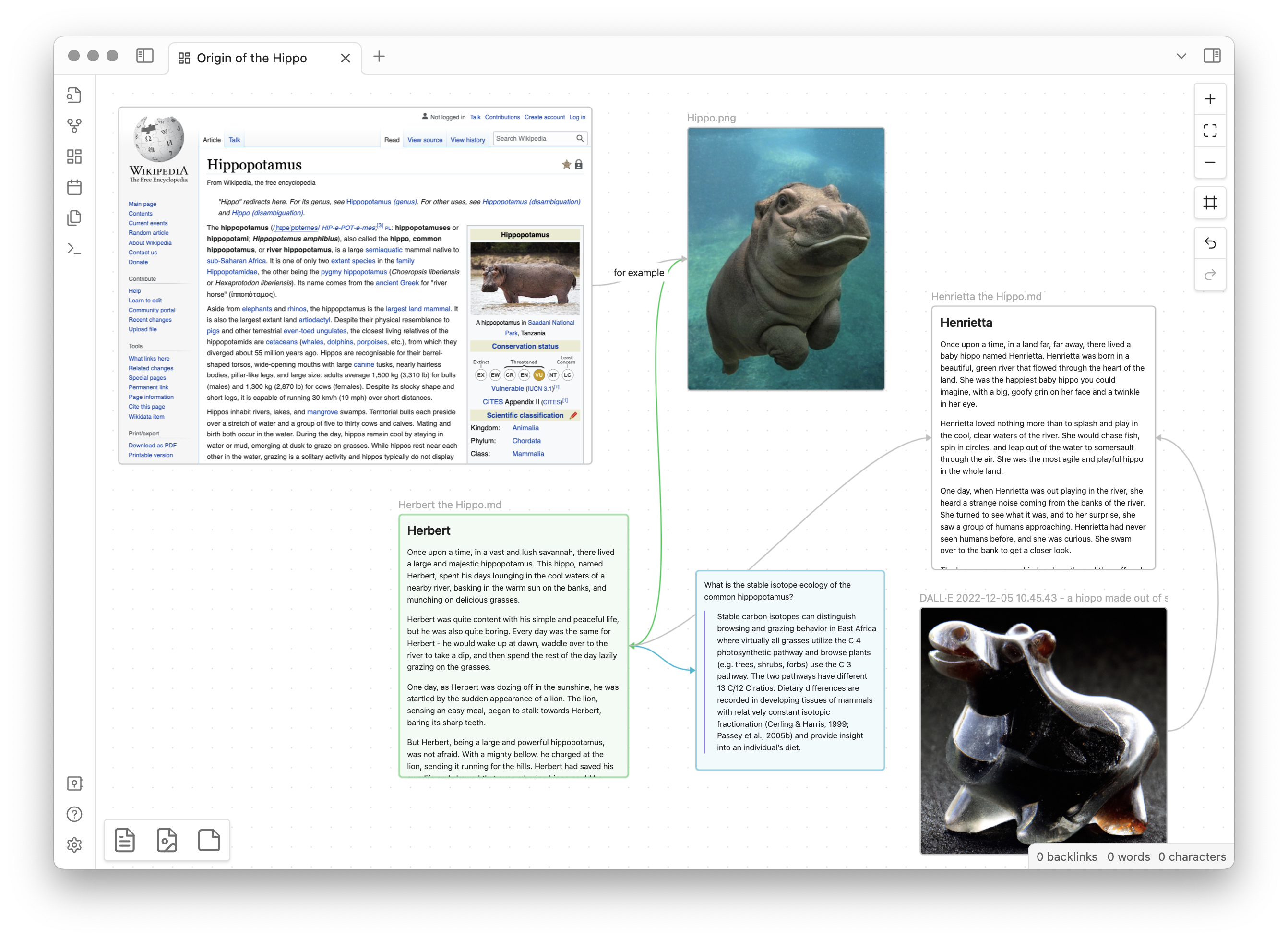 Obsidian Canvas with notes, a web page, and images connected on a board