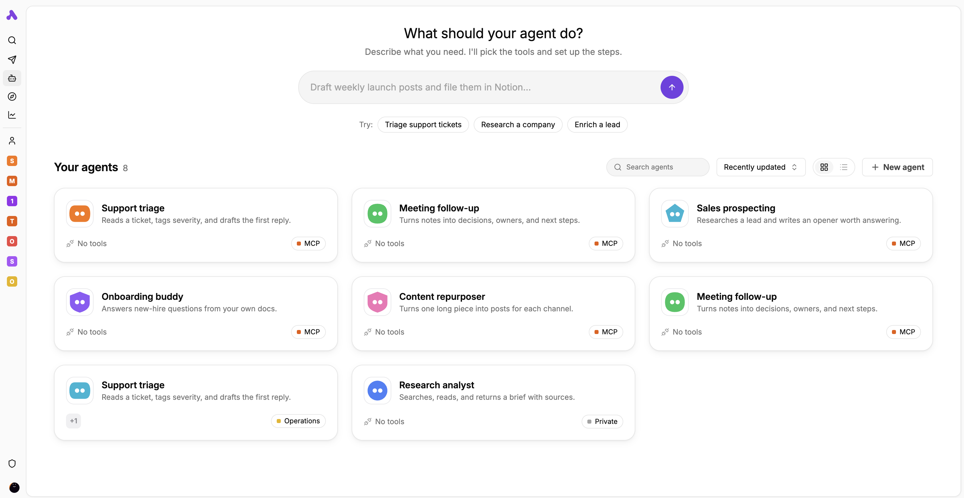Activepieces agents page with a prompt box and a list of agents