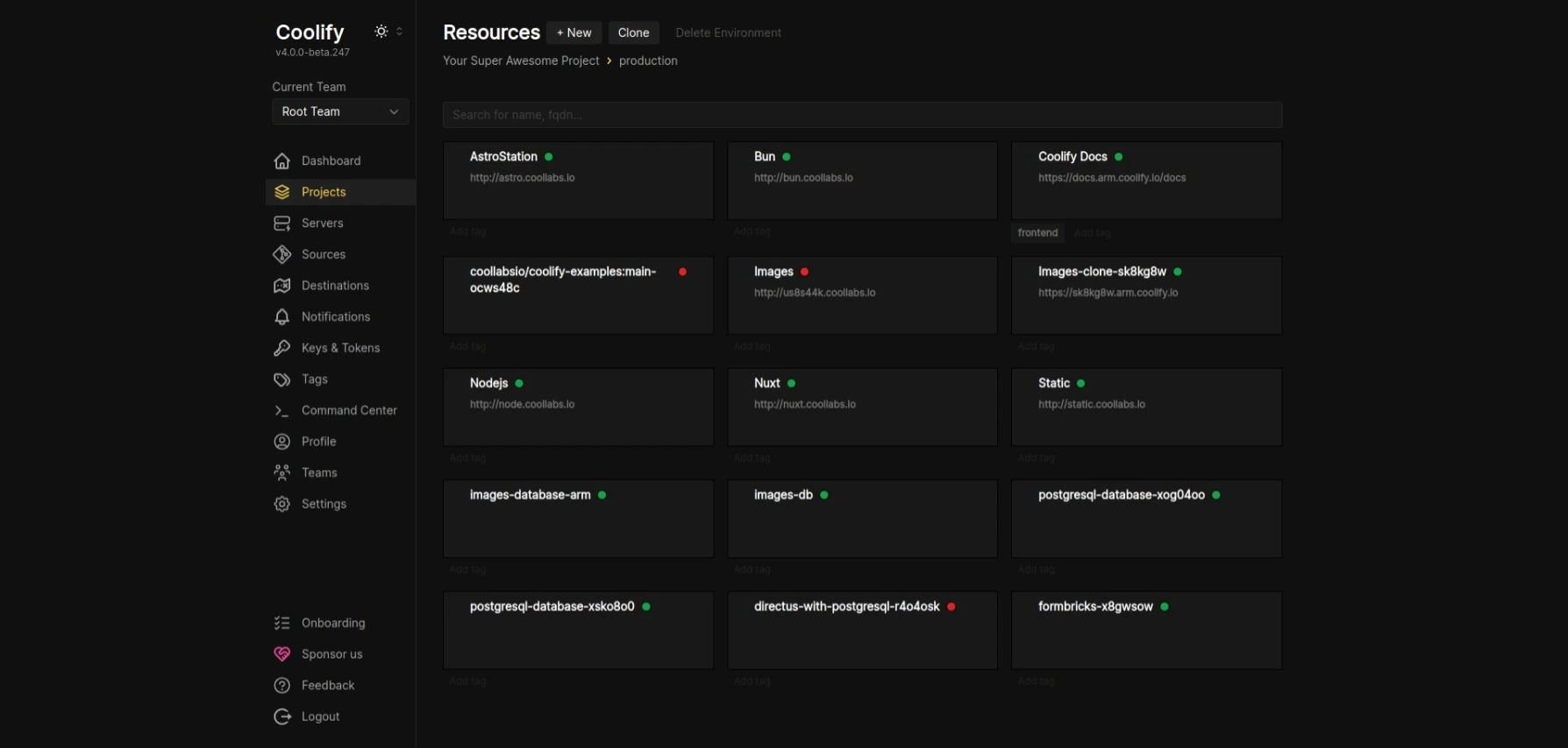 Coolify project resources view with applications and databases