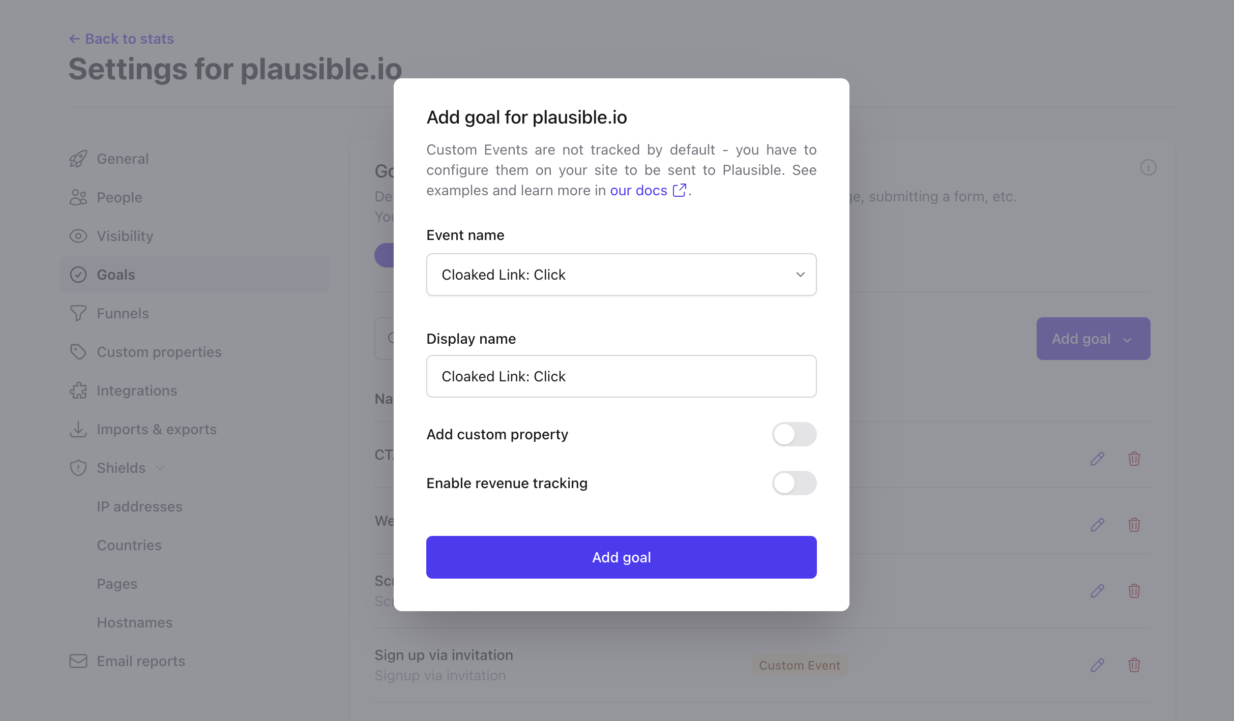 Adding a custom event goal in Plausible site settings