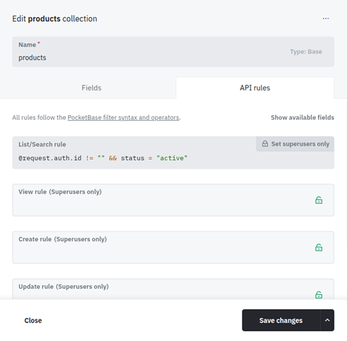 API rules settings for a PocketBase collection