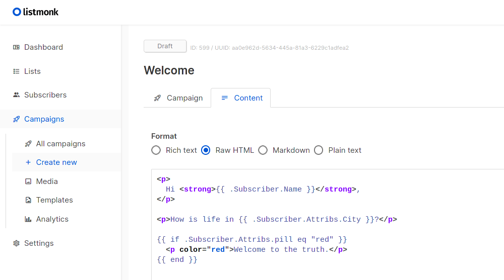 Writing a campaign in raw HTML with template expressions in listmonk