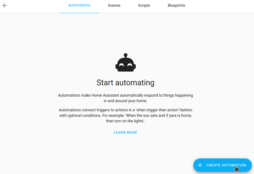 Automation editor start screen with a button to create an automation
