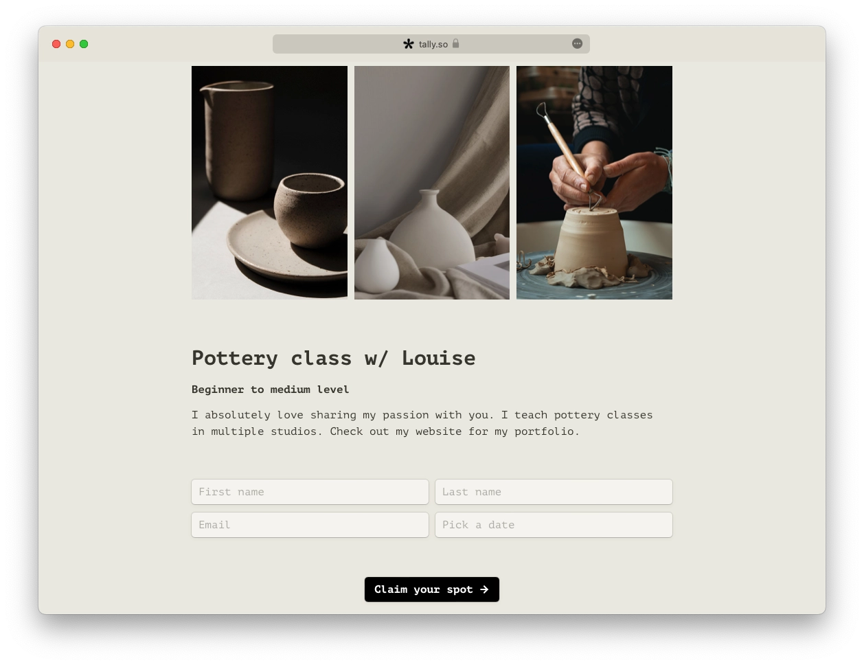 Custom-styled Tally sign-up form with images and fields in columns