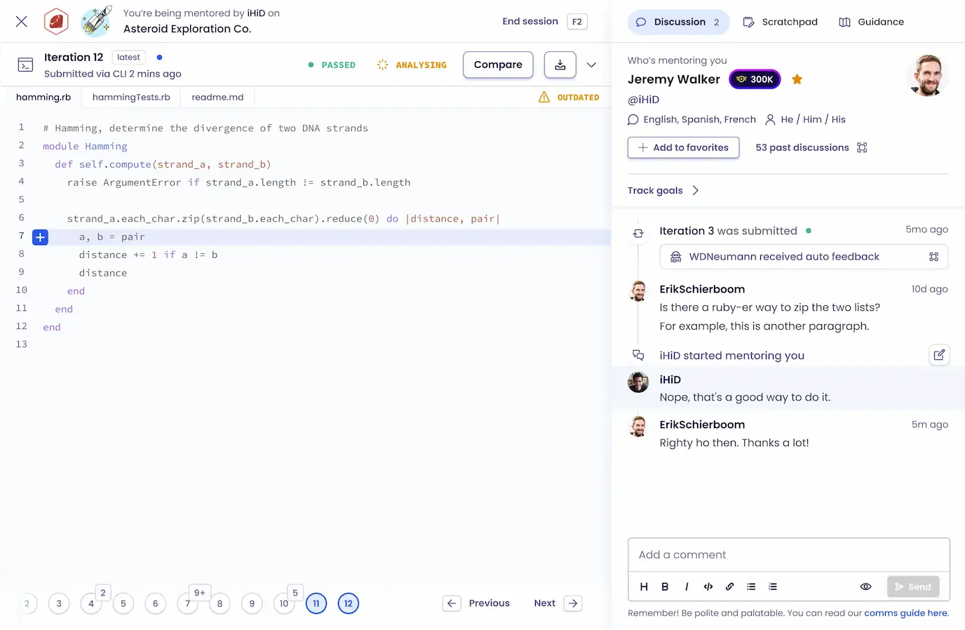 Mentoring session with submitted Ruby code and a discussion with a mentor