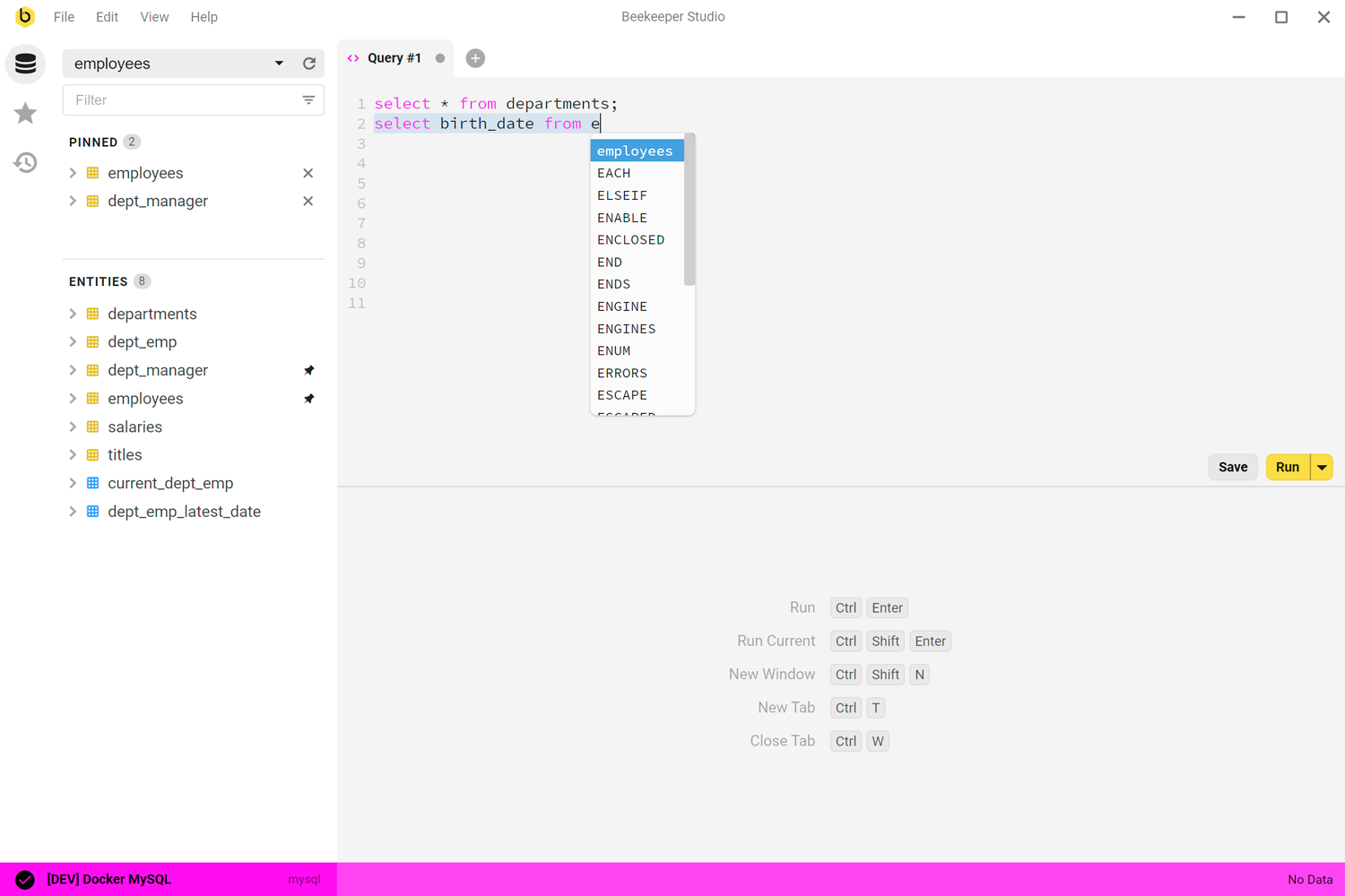 Beekeeper Studio SQL editor with autocomplete and a table list