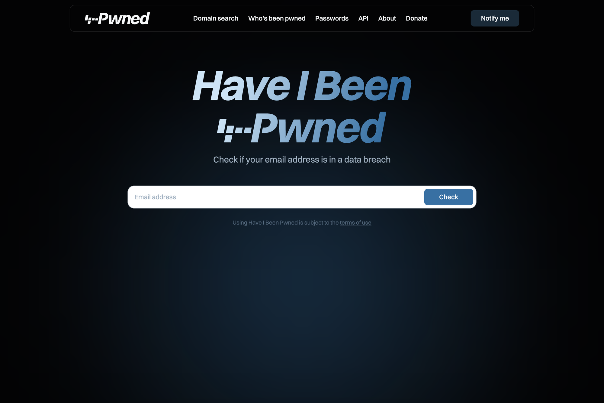 Have I Been Pwned home page with the email address search box