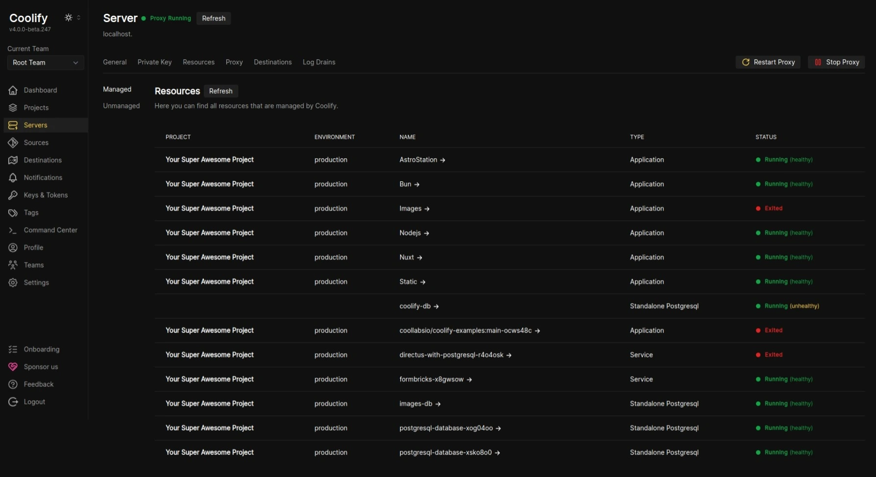 Coolify server page listing deployed resources and their status