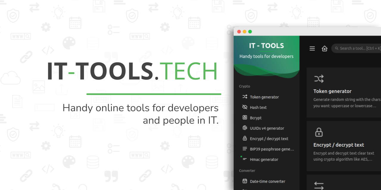 IT Tools interface with a sidebar of tools such as token generator and hash text