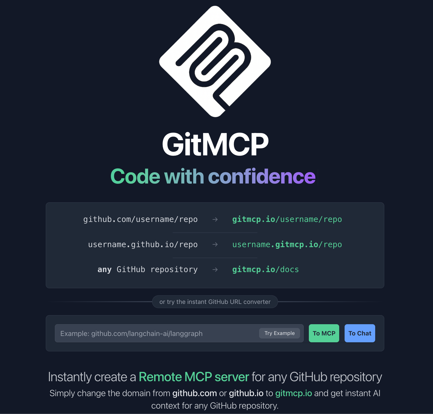 GitMCP landing page with the GitHub URL to MCP URL converter