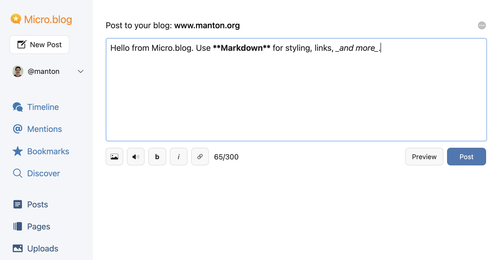 Micro.blog web app with the new post editor and sidebar
