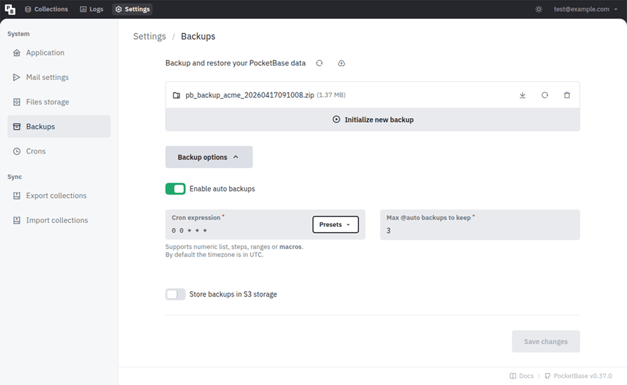 Backup settings in the PocketBase dashboard